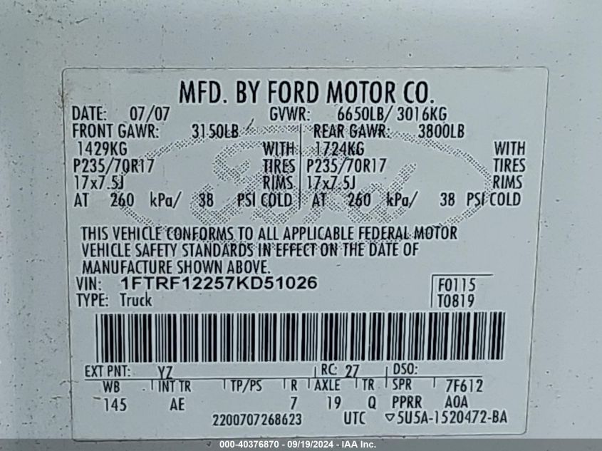 1FTRF12257KD51026 2007 Ford F-150 Stx/Xl/Xlt