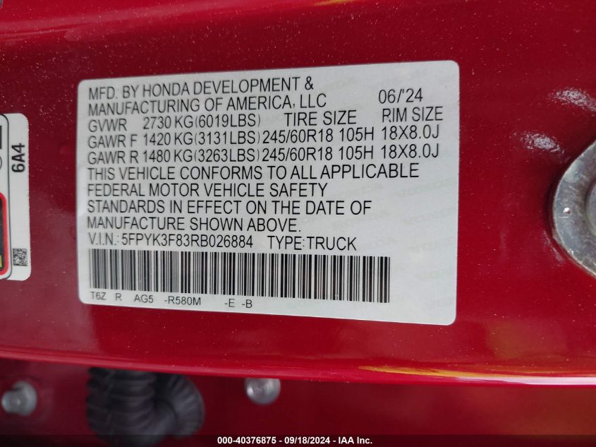 2024 Honda Ridgeline Black Edition VIN: 5FPYK3F83RB026884 Lot: 40376875