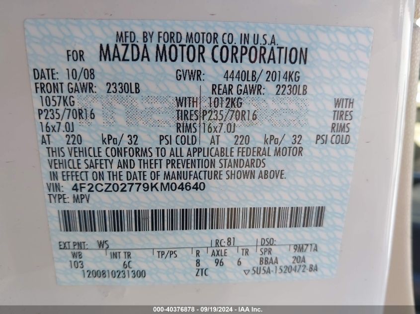 4F2CZ02779KM04640 2009 Mazda Tribute I Grand Touring