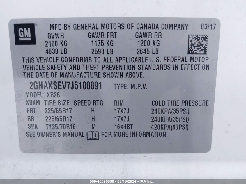 2GNAXSEV7J6108891 2018 Chevrolet Equinox Lt