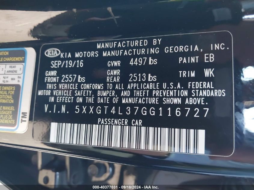 5XXGT4L37GG116727 2016 Kia Optima Lx