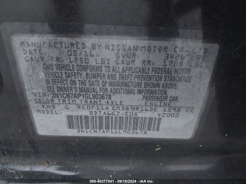 3N1CN7AP1GL903678 2016 Nissan Versa S/S Plus/Sv/Sl