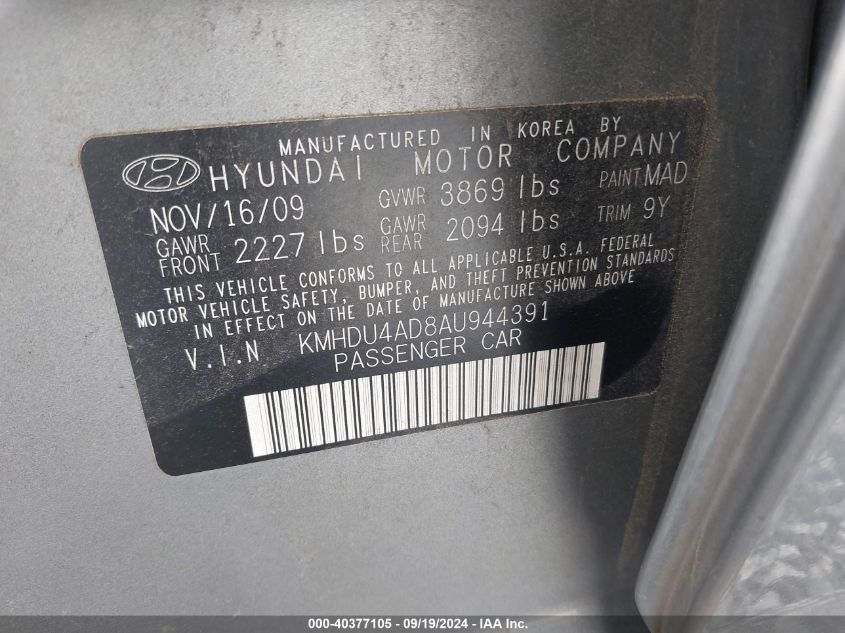 2010 Hyundai Elantra Gls VIN: KMHDU4AD8AU944391 Lot: 40377105