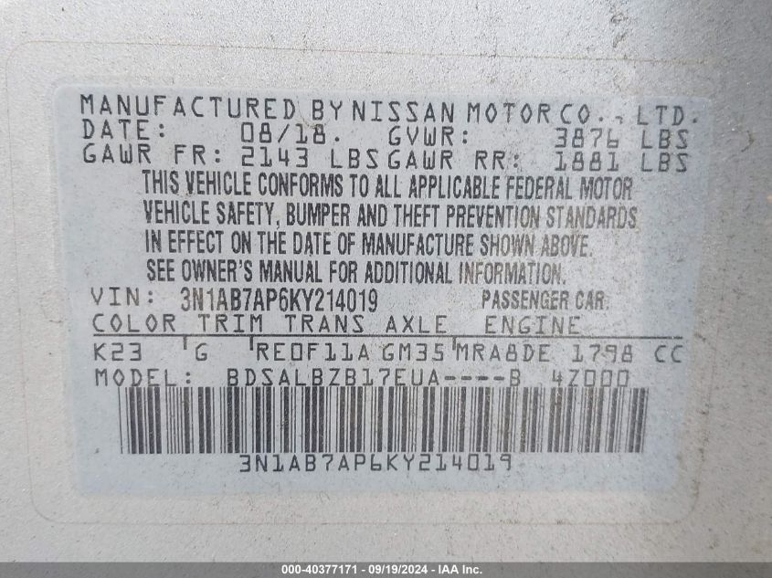 3N1AB7AP6KY214019 2019 Nissan Sentra S