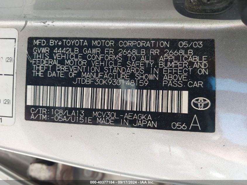 JTDBF30K930148159 2003 Toyota Camry Xle V6