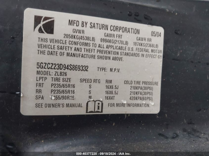 5GZCZ23D94S869332 2004 Saturn Vue 4 Cyl