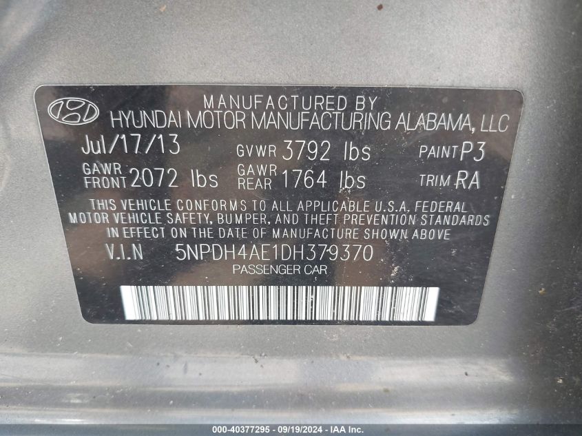 5NPDH4AE1DH379370 2013 Hyundai Elantra Gls