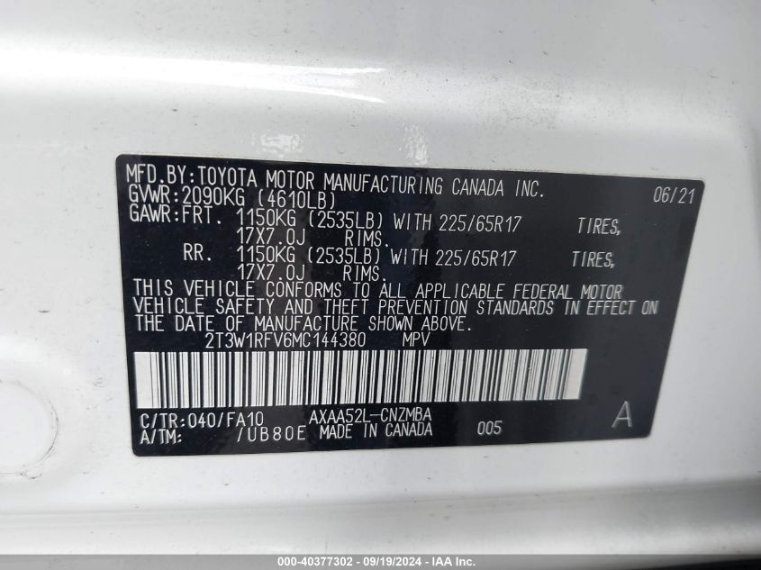 2021 Toyota Rav4 Xle VIN: 2T3W1RFV6MC144380 Lot: 40377302