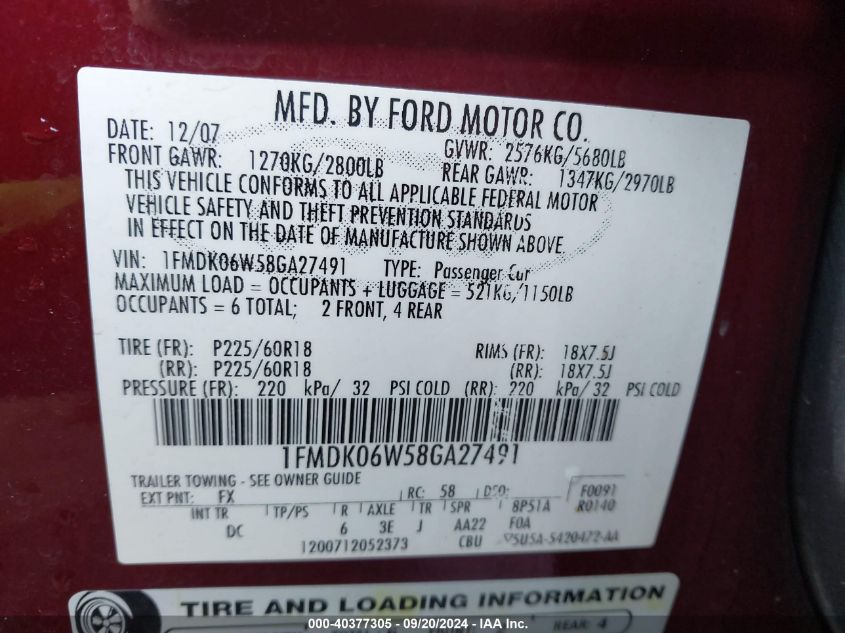 1FMDK06W58GA27491 2008 Ford Taurus X Limited