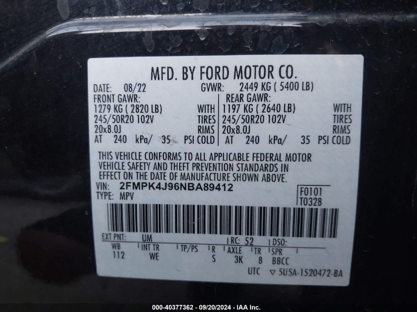 2022 Ford Edge St-Line VIN: 2FMPK4J96NBA89412 Lot: 40377362