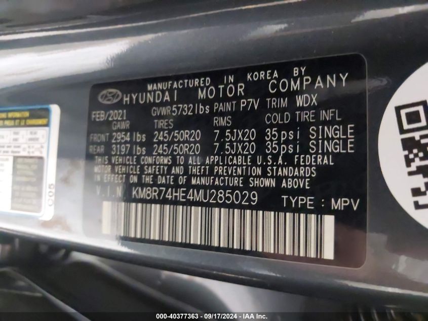 2021 Hyundai Palisade Calligraphy VIN: KM8R74HE4MU285029 Lot: 40377363