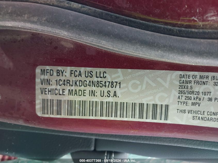 2022 Jeep Grand Cherokee L Overland 4X4 VIN: 1C4RJKDG4N8547871 Lot: 40377368