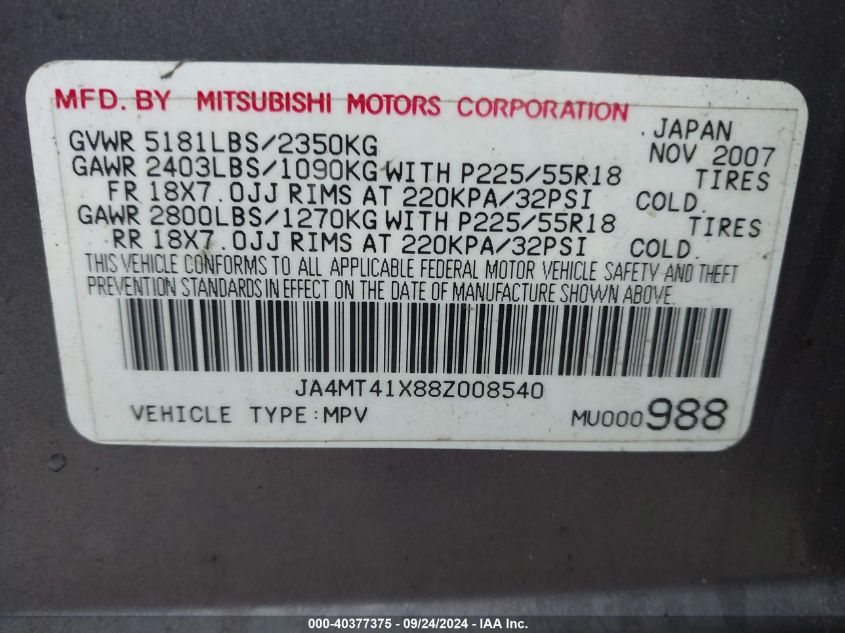 2008 Mitsubishi Outlander Xls VIN: JA4MT41X88Z008540 Lot: 40377375