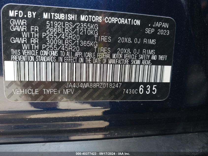 2024 Mitsubishi Outlander Sel 2.5 S-Awc VIN: JA4J4WA88RZ018247 Lot: 40377423