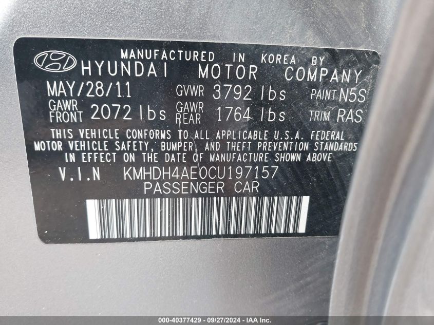 2012 Hyundai Elantra Gls/Limited VIN: KMHDH4AE0CU197157 Lot: 40377429