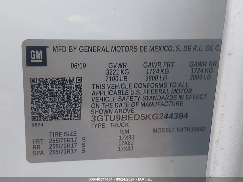 3GTU9BED5KG244384 2019 GMC Sierra K1500 Sle