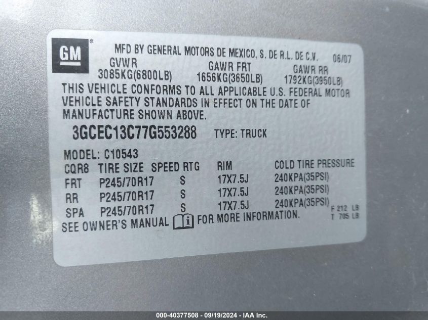 2007 Chevrolet Silverado 1500 Ls VIN: 3GCEC13C77G553288 Lot: 40377508