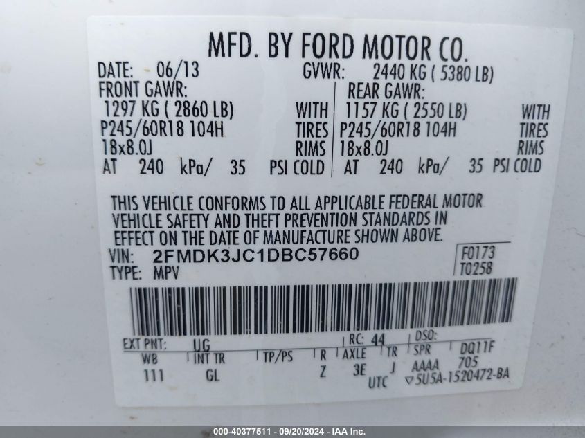 2013 Ford Edge Sel VIN: 2FMDK3JC1DBC57660 Lot: 40377511