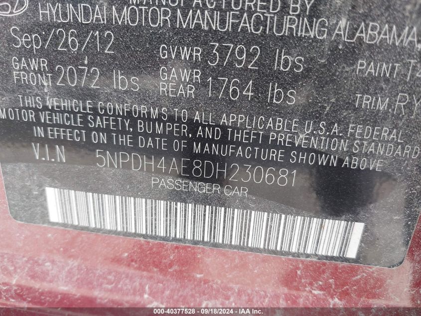 5NPDH4AE8DH230681 2013 Hyundai Elantra Limited