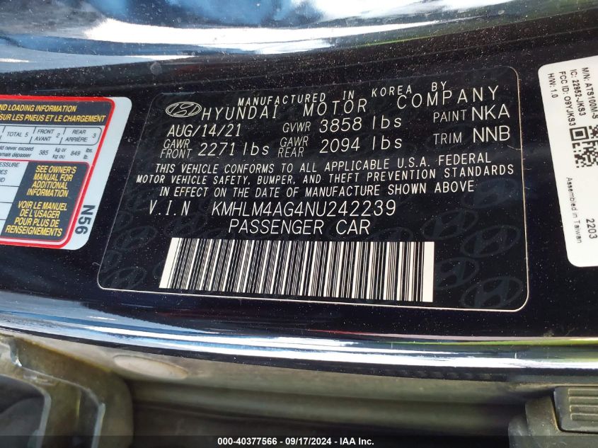 KMHLM4AG4NU242239 2022 Hyundai Elantra Sel