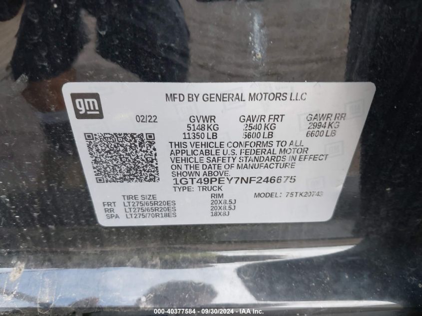 2022 GMC Sierra 2500Hd 4Wd Standard Bed At4 VIN: 1GT49PEY7NF246675 Lot: 40377584