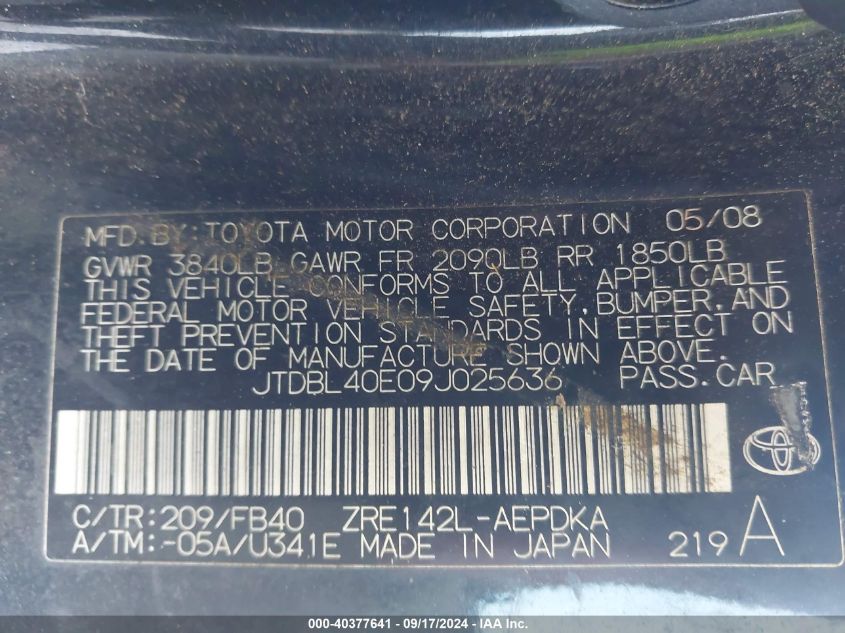 2009 TOYOTA COROLLA VIN: JTDBL40E09J025636