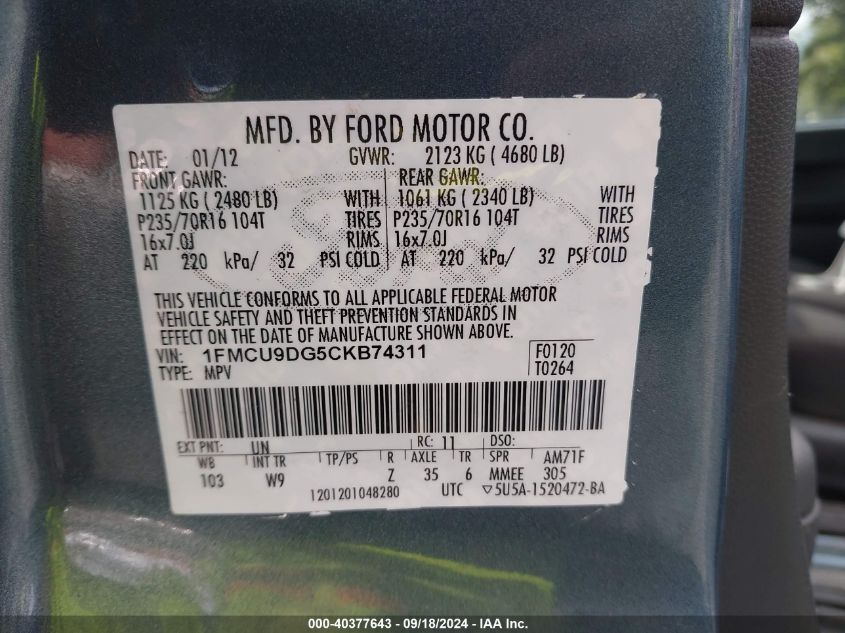 1FMCU9DG5CKB74311 2012 Ford Escape Xlt