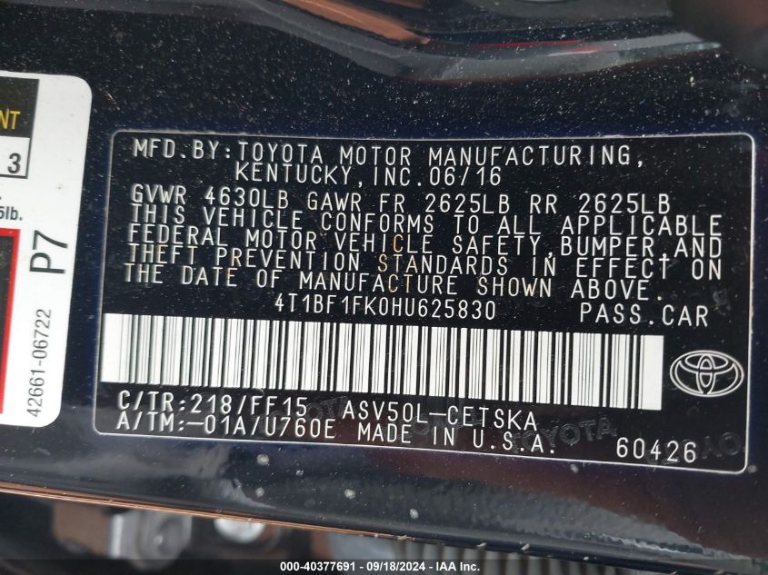 4T1BF1FK0HU624830 2017 Toyota Camry Le/Xle/Se/Xse