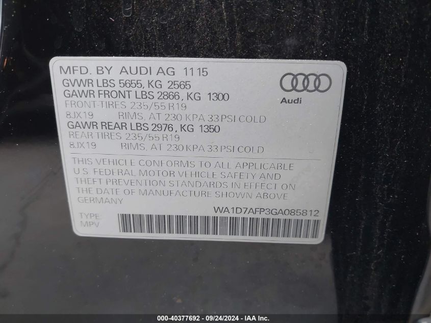 2016 Audi Q5 3.0T Premium Plus VIN: WA1D7AFP3GA085812 Lot: 40377692