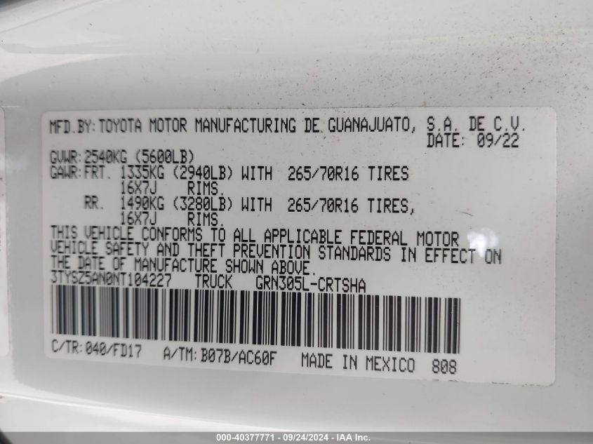 3TYCZ5AN5NT104227 2022 Toyota Tacoma Double Cab/Sr/Sr5/Trd Sport/Trd Off Road/Trd Pro