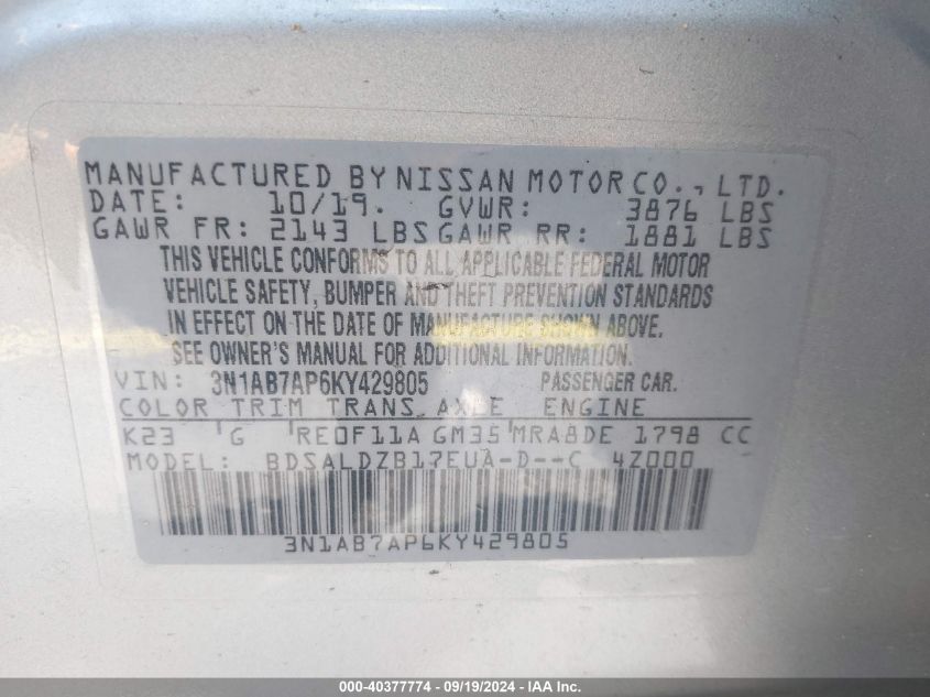 3N1AB7AP6KY429805 2019 Nissan Sentra Sv