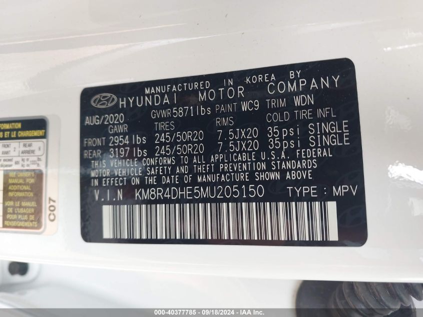 2021 Hyundai Palisade Sel VIN: KM8R4DHE5MU205150 Lot: 40377785