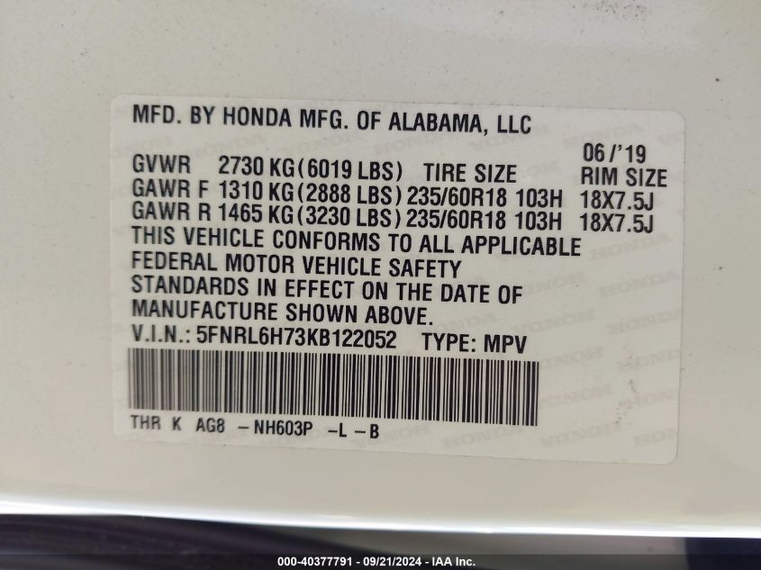 5FNRL6H73KB122052 2019 Honda Odyssey Ex-L