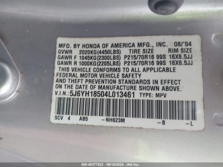 2004 Honda Element Ex VIN: 5J6YH18504L013461 Lot: 40377923