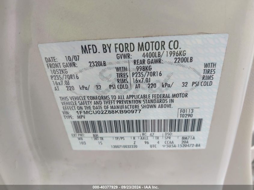 1FMCU02Z88KB90977 2008 Ford Escape Xls/Xls Manual