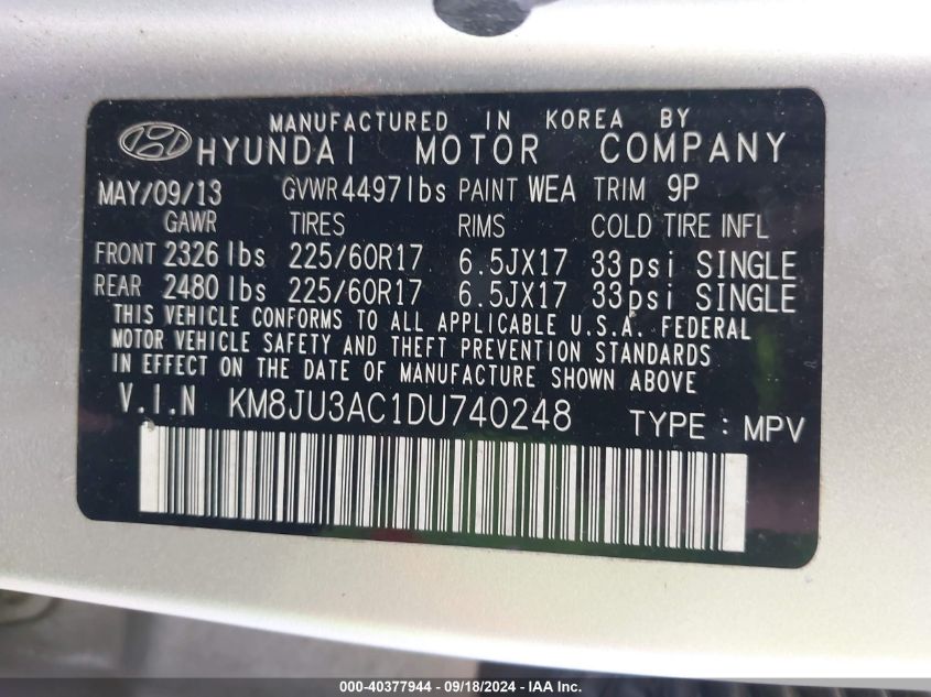 2013 Hyundai Tucson Gls VIN: KM8JU3AC1DU740248 Lot: 40377944