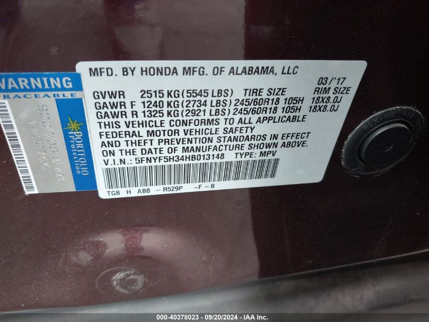 2017 Honda Pilot Ex VIN: 5FNYF5H34HB013148 Lot: 40378023