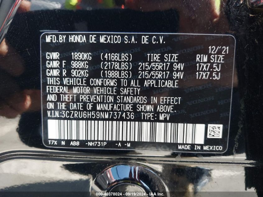 3CZRU6H59NM737436 2022 Honda Hr-V Awd Ex