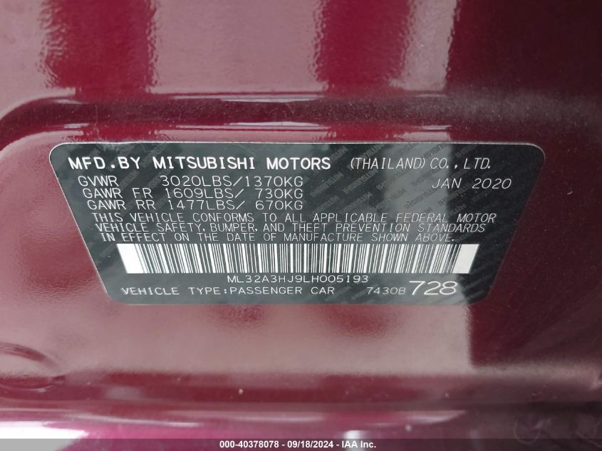 2020 Mitsubishi Mirage Es/Se VIN: ML32A3HJ9LH005193 Lot: 40378078