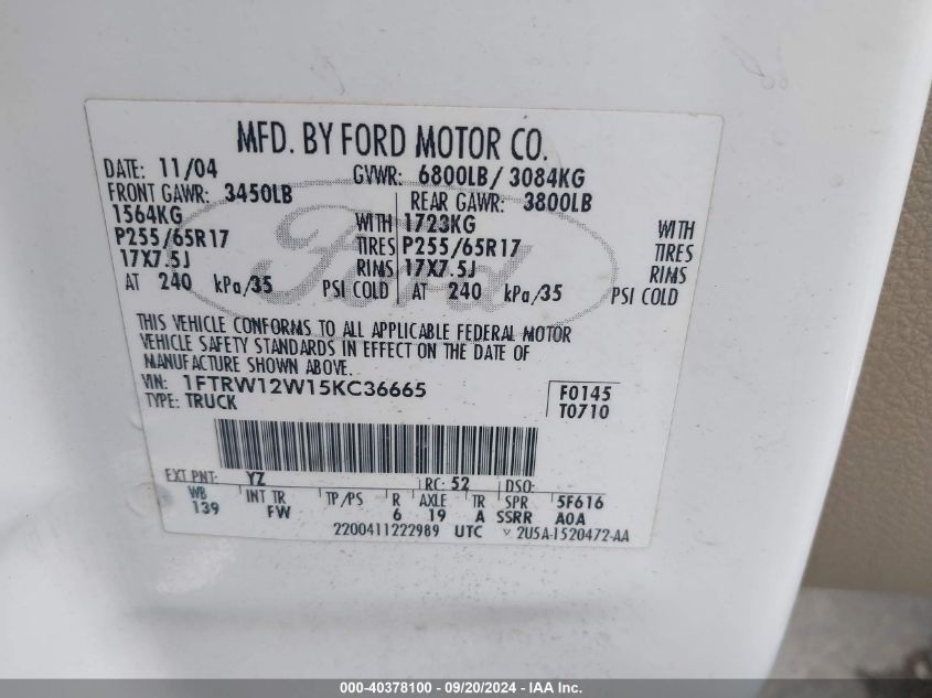 1FTRW12W15KC36665 2005 Ford F-150 Xlt