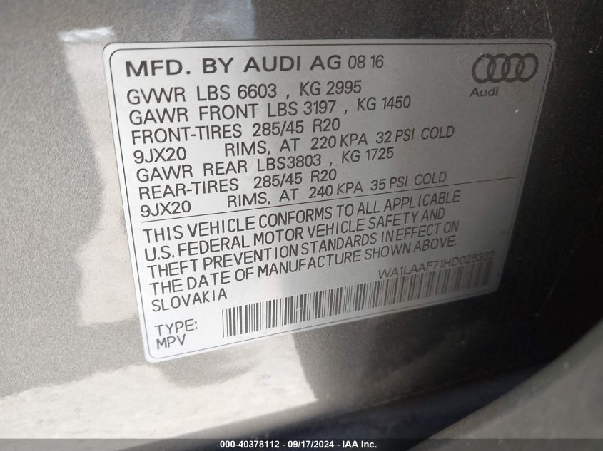 WA1LAAF71HD025332 2017 Audi Q7 3.0T Premium