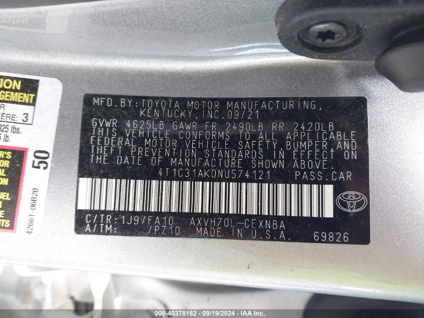 4T1C31AK0NU574121 2022 Toyota Camry Le Hybrid