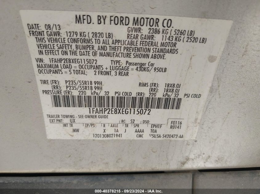 1FAHP2E8XEG115072 2014 Ford Taurus Sel