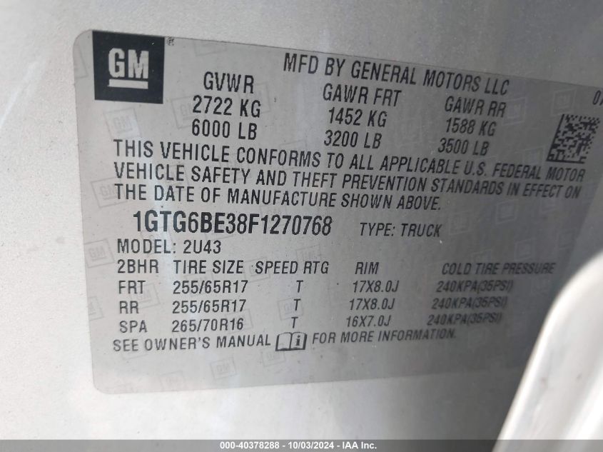 1GTG6BE38F1270768 2015 GMC Canyon Sle