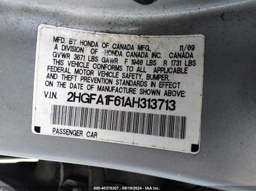 2HGFA1F61AH313713 2010 Honda Civic Lx-S