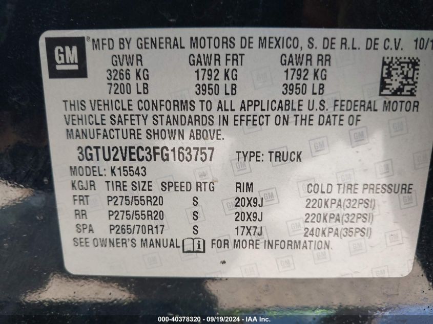 3GTU2VEC3FG163757 2015 GMC Sierra 1500 Slt