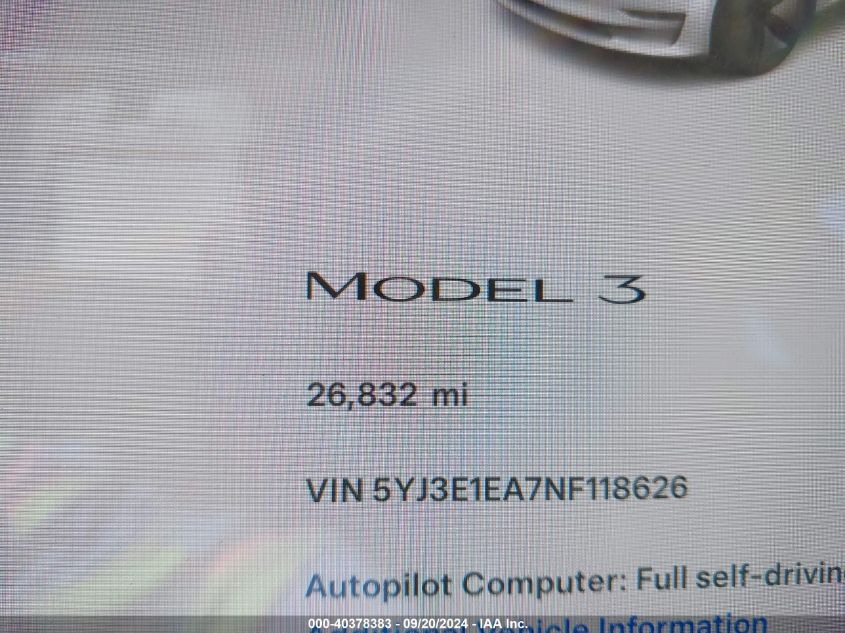 2022 Tesla Model 3 VIN: 5YJ3E1EA7NF118626 Lot: 40378383