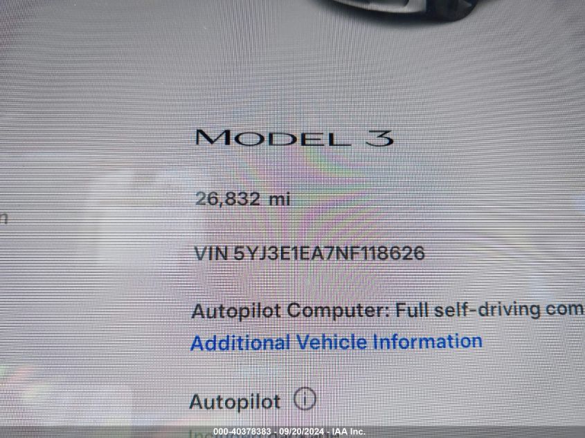 2022 Tesla Model 3 VIN: 5YJ3E1EA7NF118626 Lot: 40378383