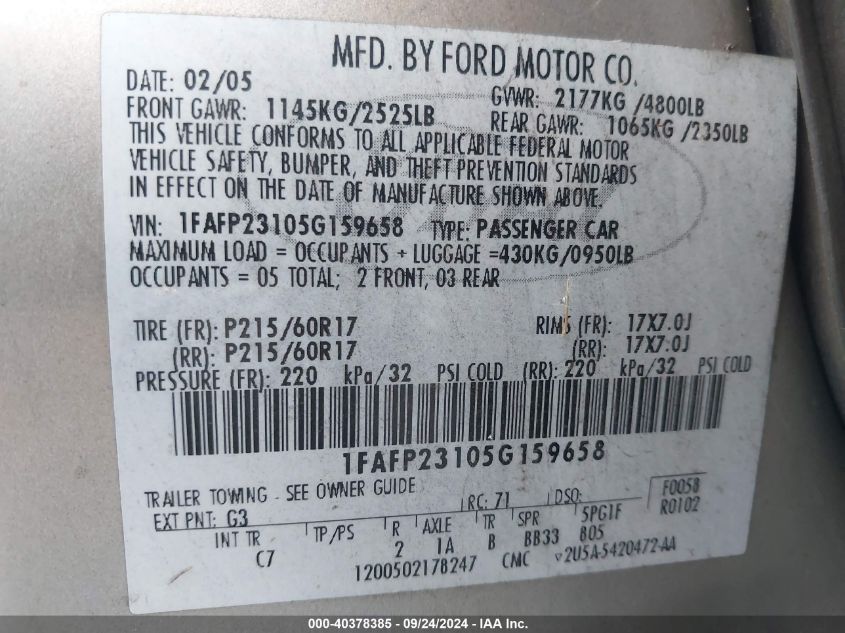 1FAFP23105G159658 2005 Ford Five Hundred Se