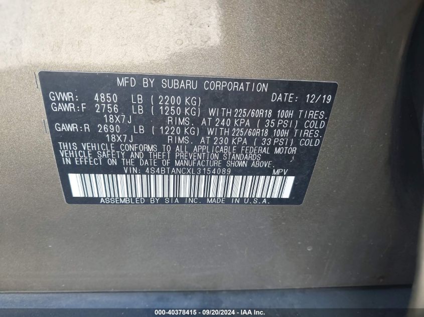 4S4BTANCXL3154089 2020 Subaru Outback Limited